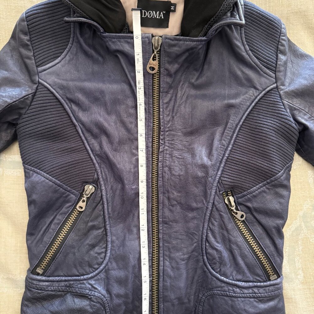 Dark Blue Doma Mixed Media Leather Jacket - Biker Style with removable hood - Picture 8 of 12